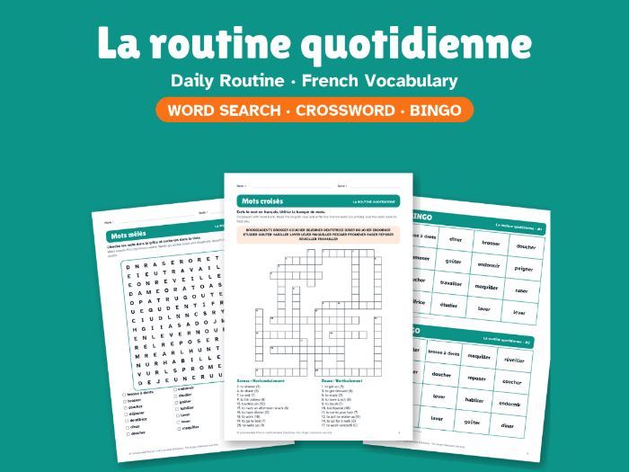 Daily Routine in French: Word Search, Crossword & Bingo