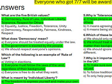 British Values Summary (PSHE - Yr7)