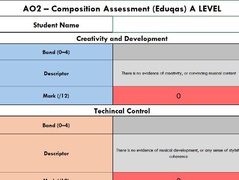 A Level Music Eduqas Composition Feedback Sheet Excel