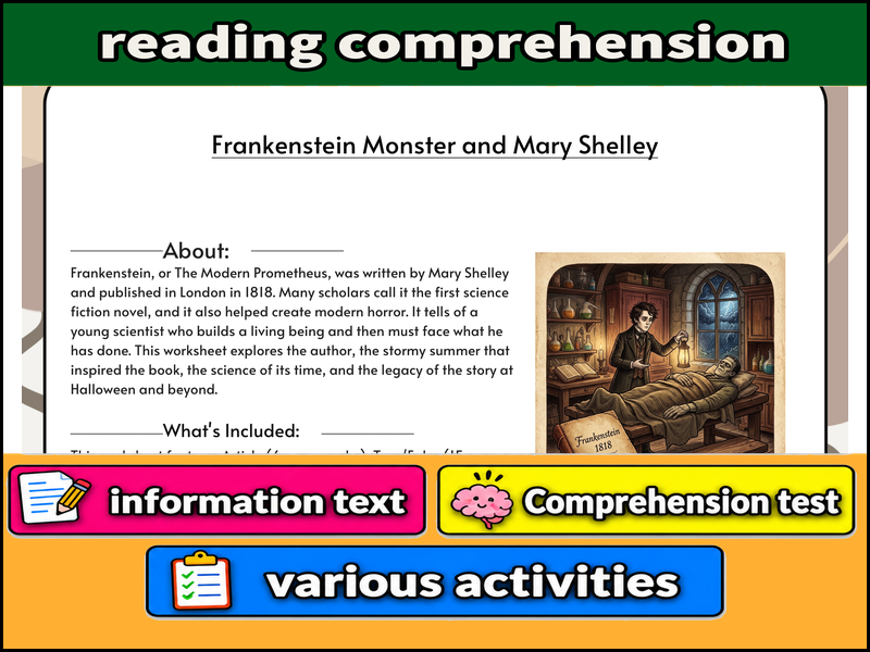 Frankenstein Monster and Mary Shelley  & Comprehension Test