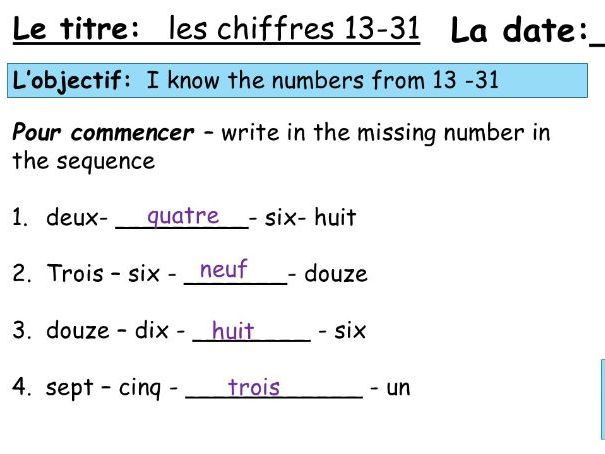 Numbers 13-31 Year 7 French 1 lesson