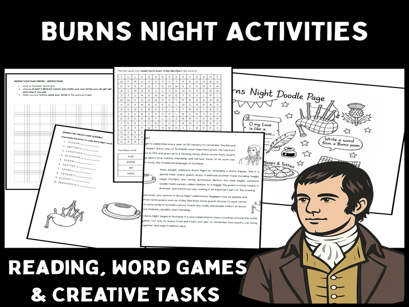 Burns Night Activities KS2 | Reading Comprehension, Word Search & Tartan Design