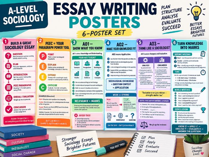 A-Level Sociology Essay Writing Posters | PEEC, AO1, AO2 & AO3 | 6-Poster Revision Display