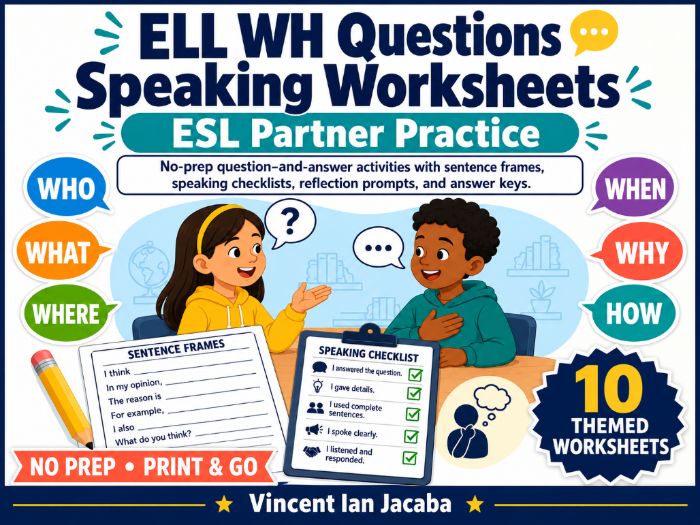 ELL WH Questions Speaking Worksheets | ESL Partner Practice & Sentence Frames