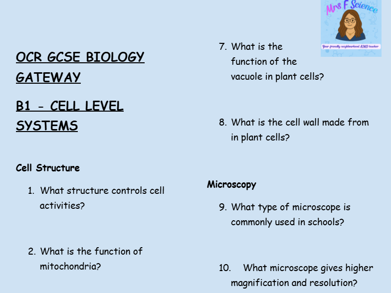 OCR GCSE Biology B1 – Cell-Level Systems - 30 Low Stakes retrieval + answers
