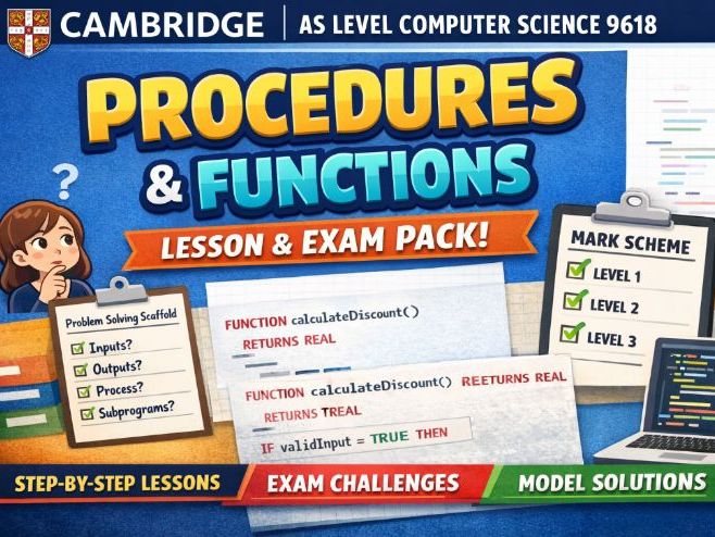 Cambridge 9618 Pseudocode: Procedures & Functions Lesson + Scaffold + Exam Practice + Mark Scheme