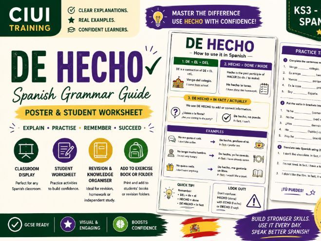 De Hecho | Spanish Grammar Poster & Student Worksheet | GCSE Spanish | KS3 Spanish | Knowledge