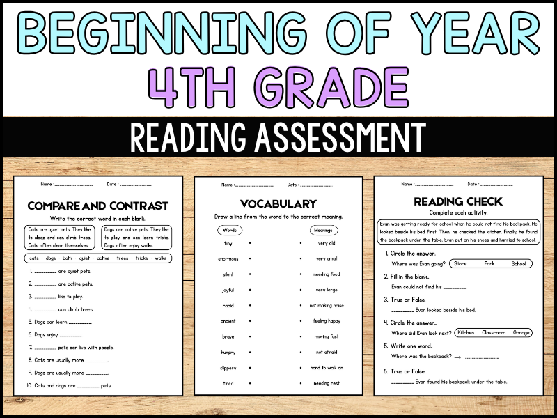 4th Grade beginning of the year Reading assessment | No prep ELA activities