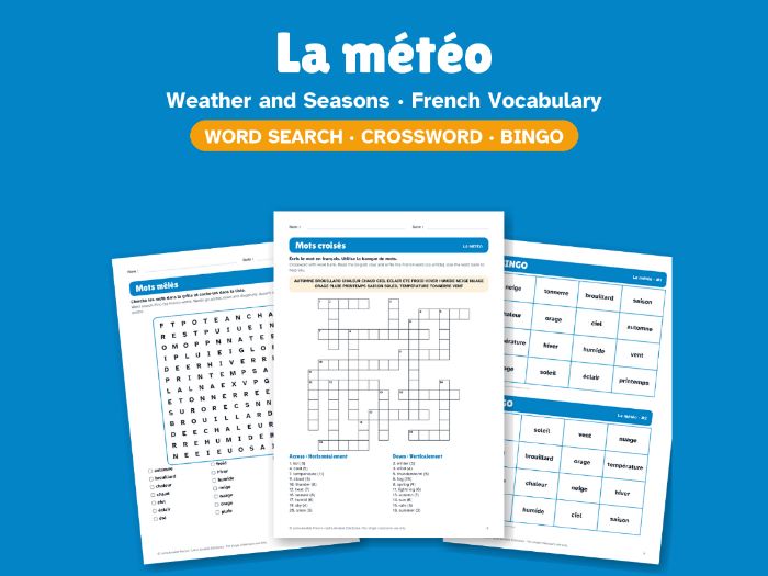 Weather and Seasons in French: Word Search, Crossword & Bingo