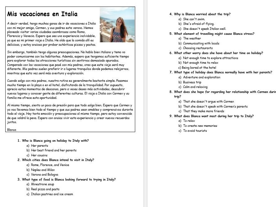 Spanish- GCSE - National 5 _ Holidays in Italy _ Reading _ Listening _ practice