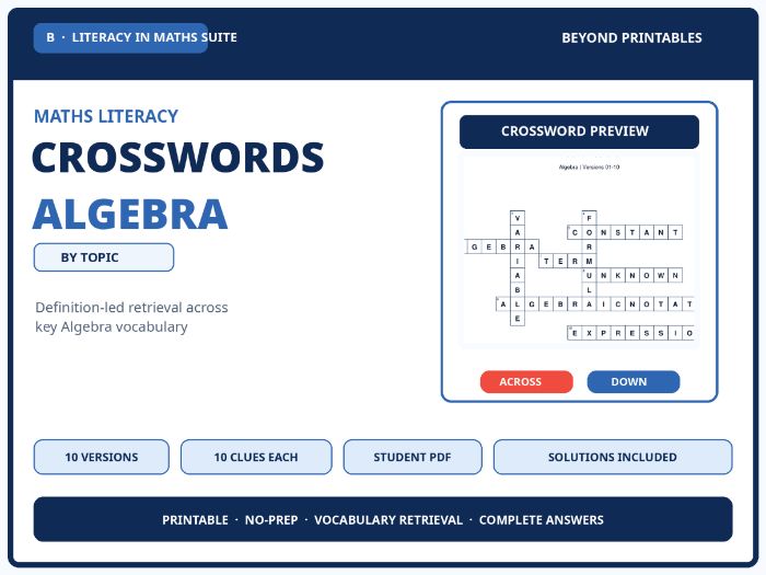 Algebra Maths Crosswords | 10 Vocabulary Puzzles with Solutions