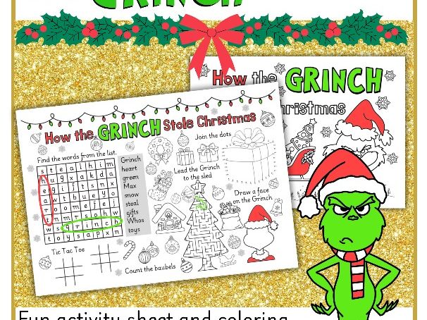 The Grinch Day Activity Placemat and Coloring Page for 1st - 3rd Grade