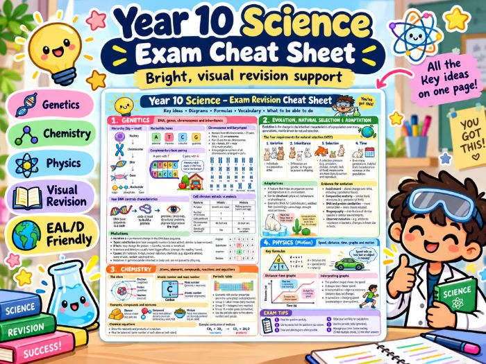 Year 10 Science Revision Cheat Sheet | Biology, Chemistry & Physics | Visual Knowledge Organiser
