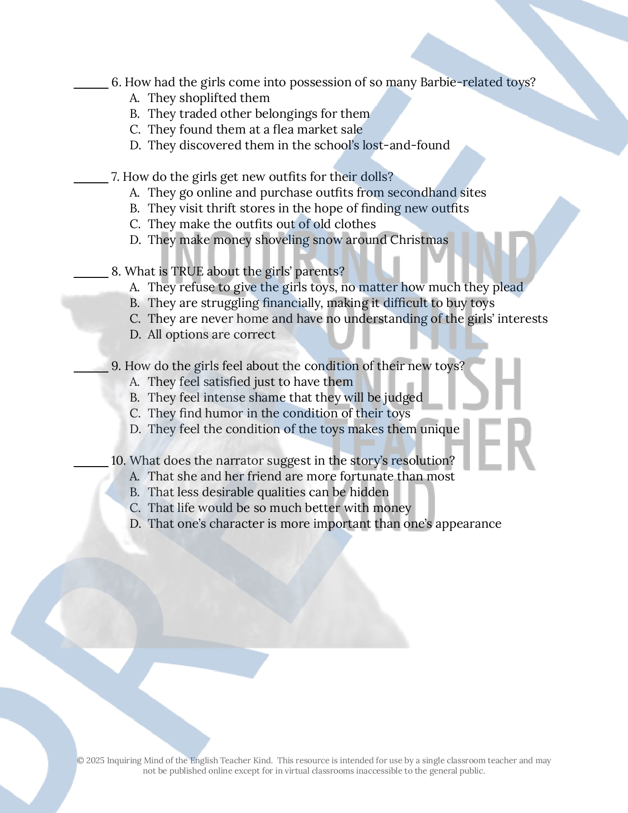 "Barbie-Q" by Sandra Cisneros Quiz and Answer Key | Teaching Resources