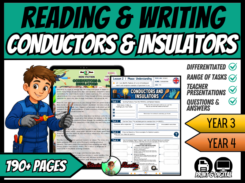 Conductors & Insulators | Reading and Writing Bundle | Grade 2/3