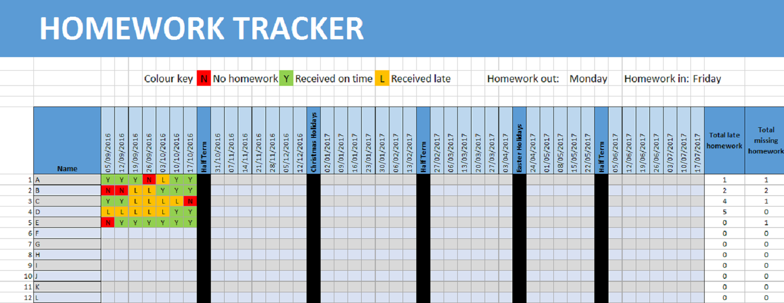 homework tracker excel template