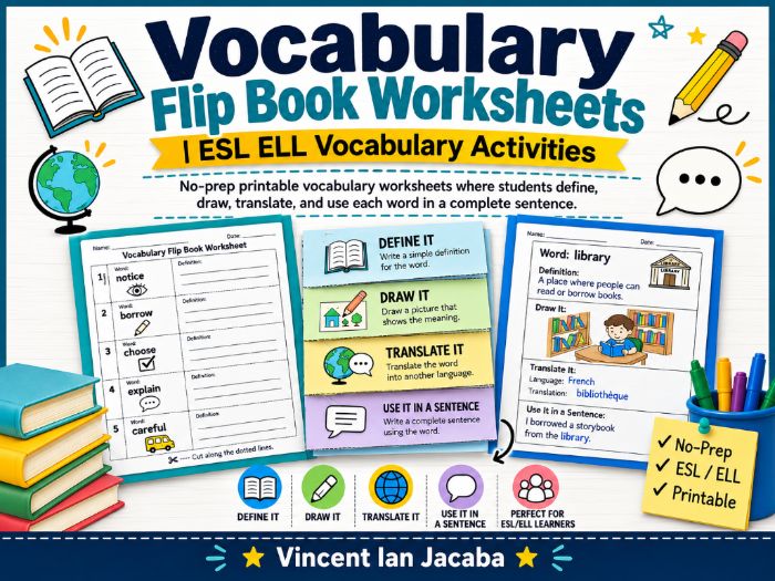 ESL EAL Vocabulary Flip Book Worksheets | 60 Words & Vocabulary Activities