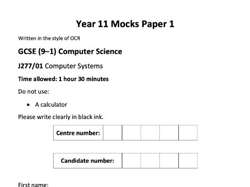 FREE -OCR J277 GCSE Computer Science Mock Exam Questions