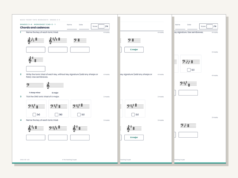Grades 3–4 Music Theory Worksheets: Chords & Cadences (20 Sheets + Answers)