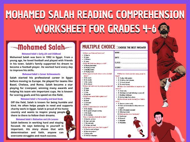 Mohamed Salah Reading Comprehension & Quiz Grades 4-6
