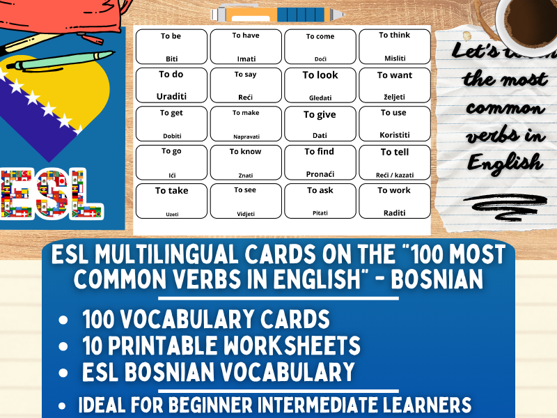 ESL Multilingual Vocabulary Flashcards - 100 most common verbs - Bosnian