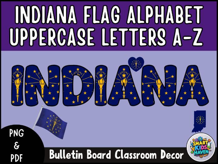 Indiana Flag Alphabet Uppercase Letters A-Z Bulletin Board Classroom Decor