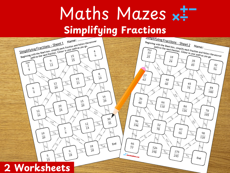 Maths Mazes - Simplifying Fractions Worksheets