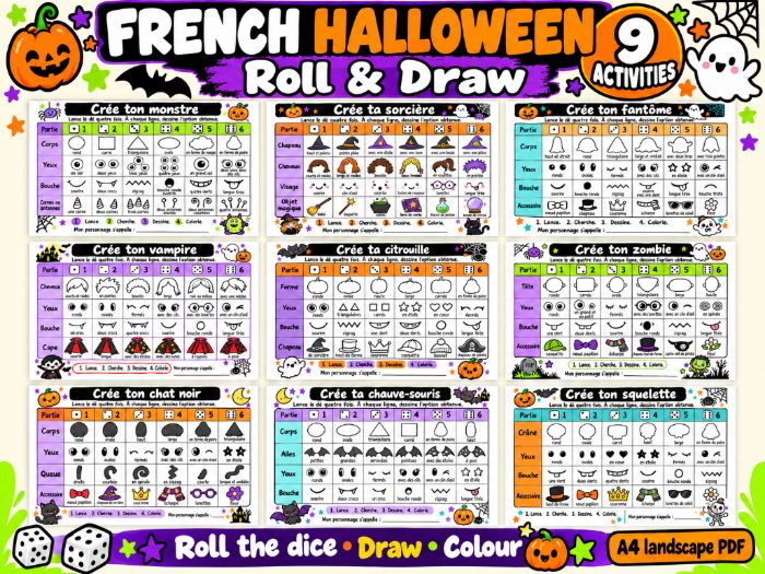 French Halloween Roll and Draw – 9 Dice Drawing Activities