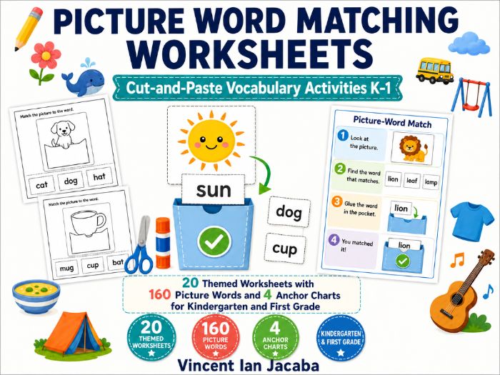 Picture Word Matching Worksheets K–1 | Cut-and-Paste Vocabulary Activities