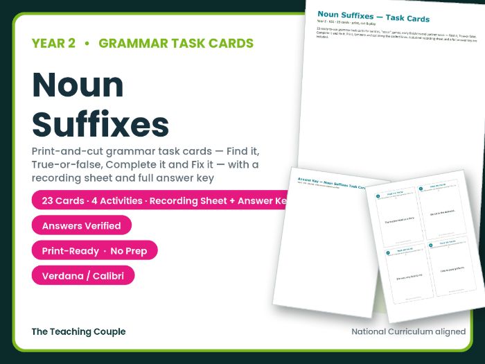 Year 2 Noun Suffixes Task Cards – 23 Grammar Cards + Answer Key