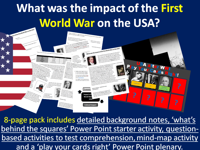 Impact of WWI on the USA - 8-page full lesson (notes, worksheet activities)