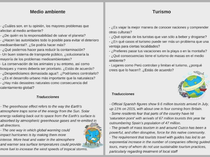 Spanish stimulus cards NEW GCSE and A-level (or Intermediate level) + translations