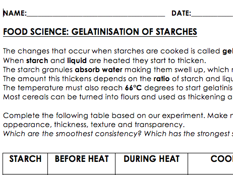 Gelatinisation Experiment Handout - GCSE Food & Nutrition or Science