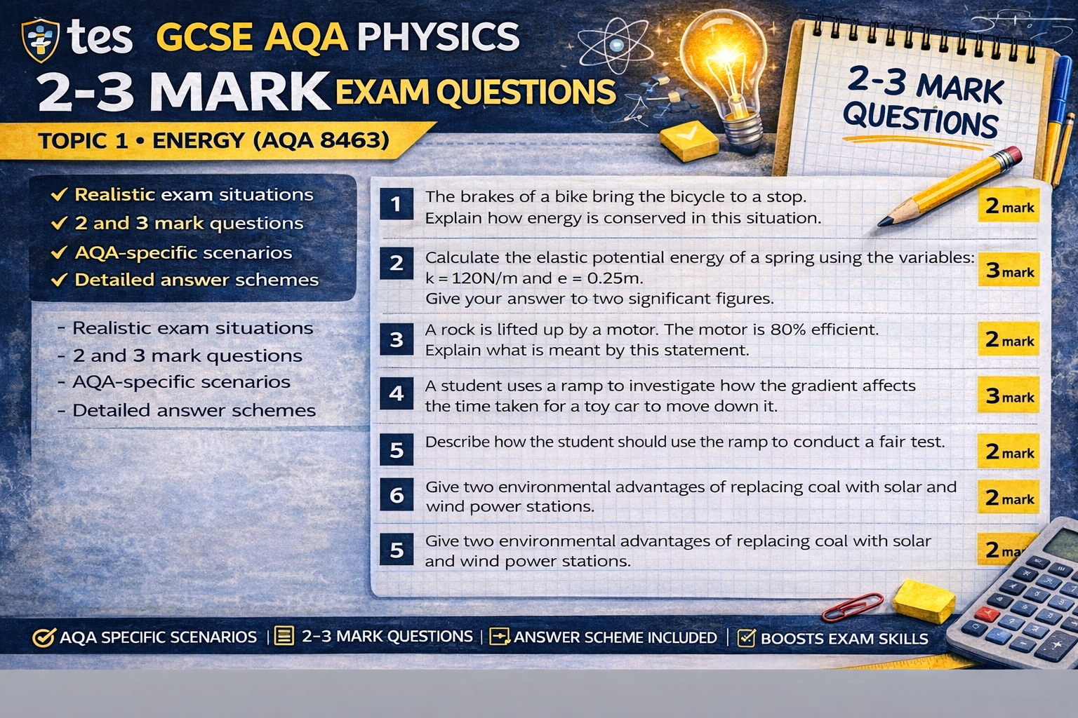 GCSE AQA Physics Energy Topic Pack – Revision, Worksheets, 1–6 Mark ...