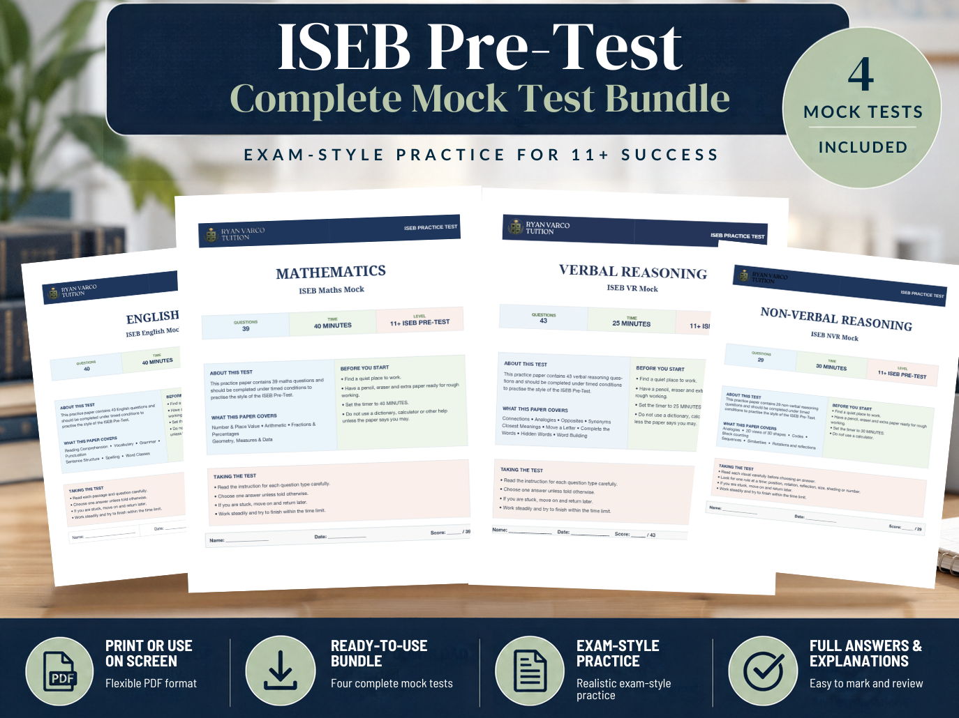 ISEB Pre-Test 11+ Complete Mock Test Bundle | English, Maths, VR & NVR
