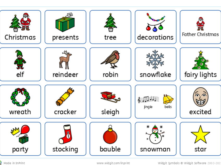 Christmas themed word bank/word mat with words and symbols