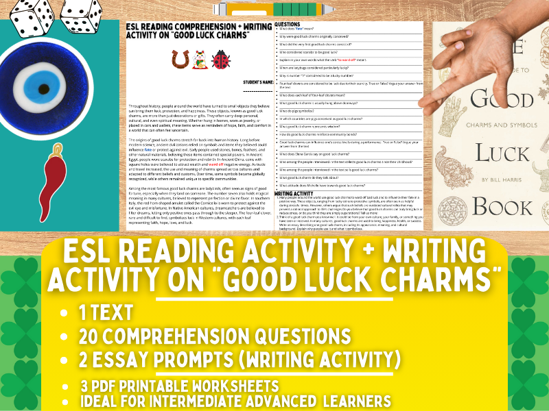 ESL Reading Comprehension + Writing Activity Worksheets on "Good Luck Charms"