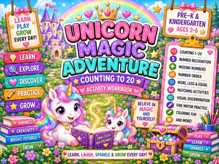 Unicorn Counting to 20 Worksheets | Number Recognition & Math Activities | Pre-K–Kindergarten