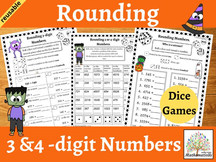 Round 3 and 4-digit Numbers Dice Games Halloween
