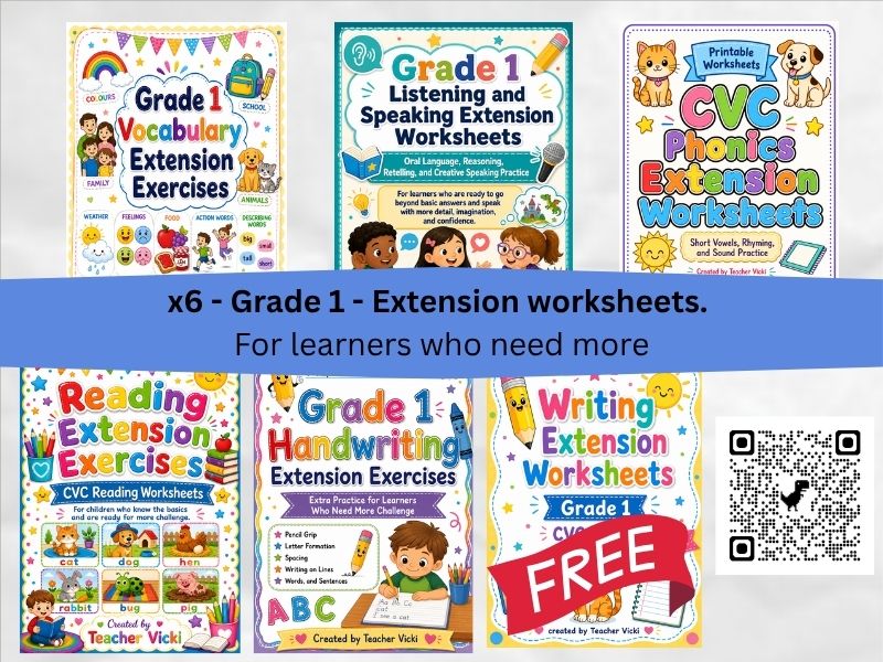 Grade 1 Extension Worksheets Bundle | Phonics, Reading, Writing, CVC Vocabulary & More