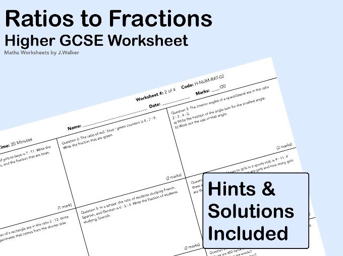 GCSE Maths Worksheet: Ratios to Fractions- Higher Tier