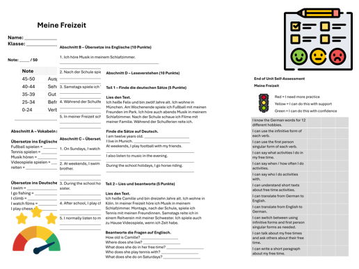 Free time - Hobbies & Timeframes (German) – Assessment, Mark Scheme & Self Assessment