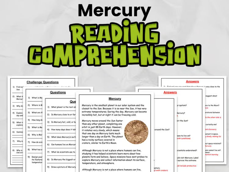 Mercury Reading Comprehension for Gr 3 - 5: No Prep Space Activity
