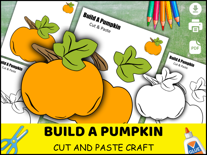 Halloween Pumpkin Craft for Kids, Spooky Cut and Paste Activity, Preschool Coloring Worksheet, Class