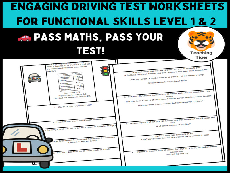 Driving Lessons Maths Worksheets | Functional Skills L1–L2 Real-Life Word Problems with Answers