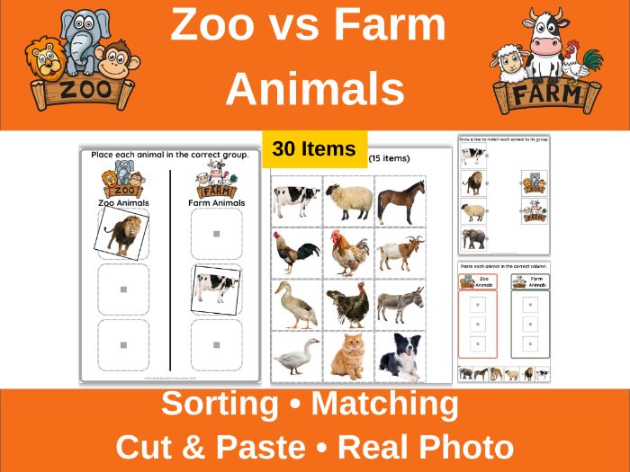 Zoo vs Farm Animals Sorting Worksheets