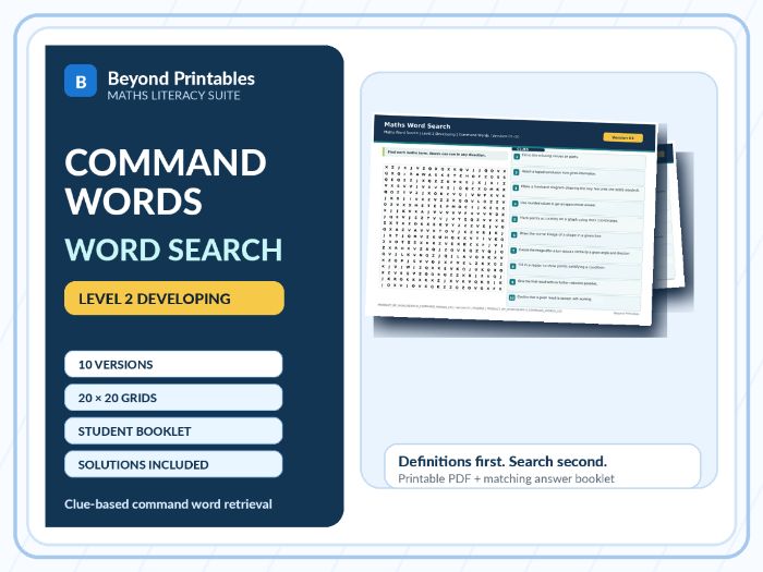 Command Words Level 2 Maths Word Search | 10 Printable Vocabulary Puzzles with Solutions