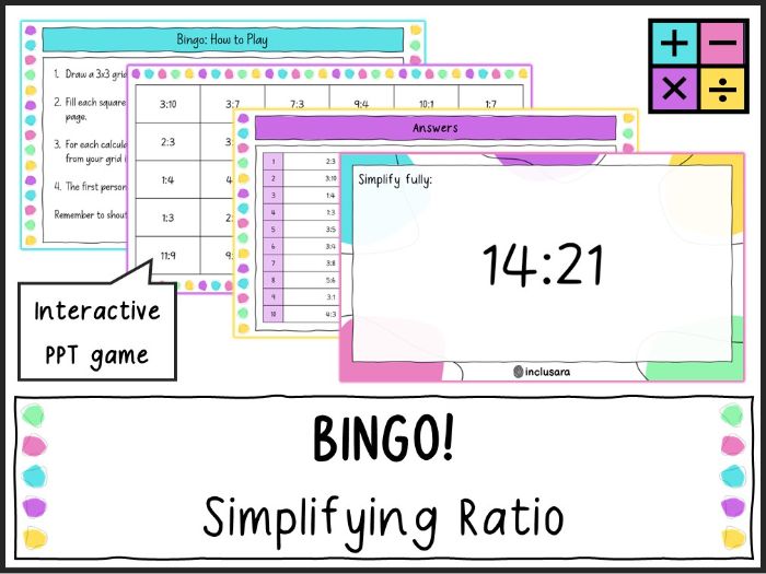 Simplifying Ratio Bingo Game, Dividing Ratio Activities
