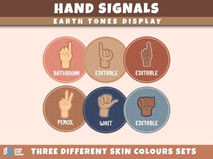 Earth Tone Classroom Hand Signals – 14 Non-Verbal Communication Signs | Editable