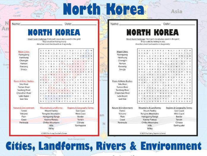 North Korea Geography Word Search | Cities, Landforms, Rivers & Environment